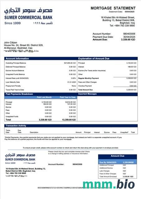 Irak Bank Sumer wyciąg z kredytu hipotecznego szablon Word i PDF